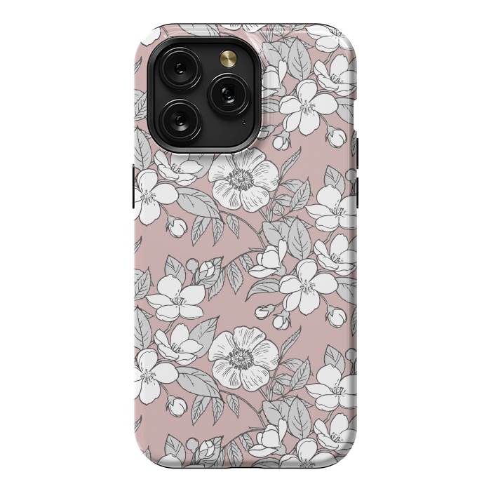 iPhone 15 Pro Max StrongFit White Cherry flowers line art drawing on pink by Oana 