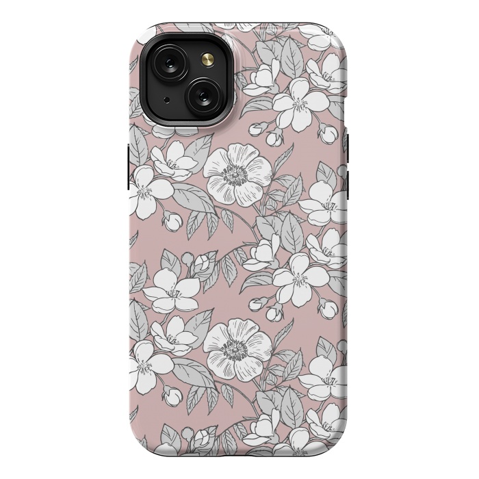 iPhone 15 Plus StrongFit White Cherry flowers line art drawing on pink by Oana 