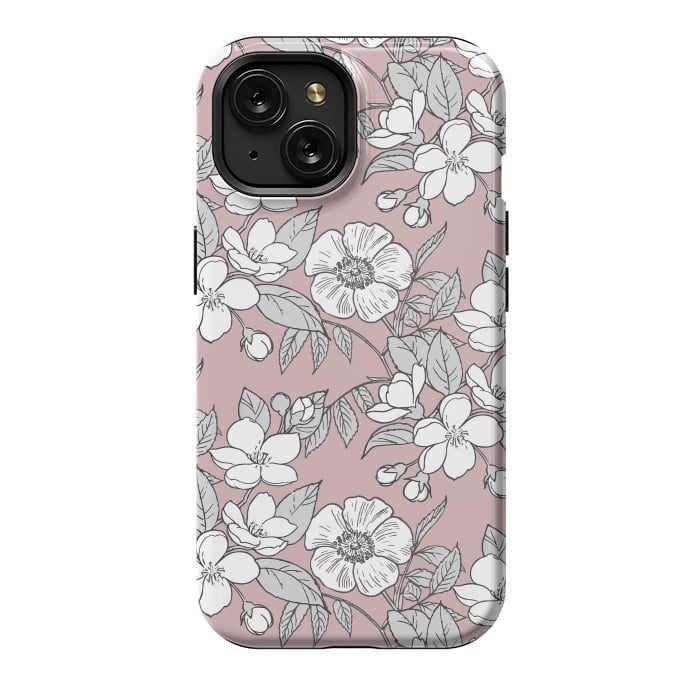iPhone 15 StrongFit White Cherry flowers line art drawing on pink by Oana 