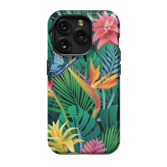 iPhone 15 Pro StrongFit Cute Tropical Floral Design Green Pink and Purple by ArtsCase