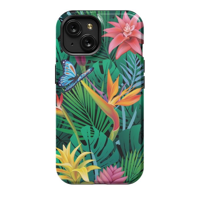 iPhone 15 StrongFit Cute Tropical Floral Design Green Pink and Purple by ArtsCase