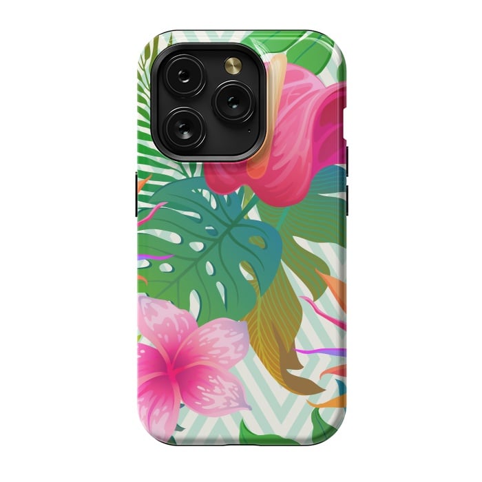 iPhone 15 Pro StrongFit Exotic Flowers and Leaves in Geometric Decoration by ArtsCase