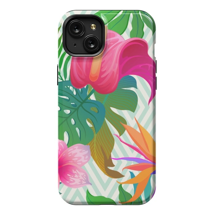 iPhone 15 Plus StrongFit Exotic Flowers and Leaves in Geometric Decoration by ArtsCase