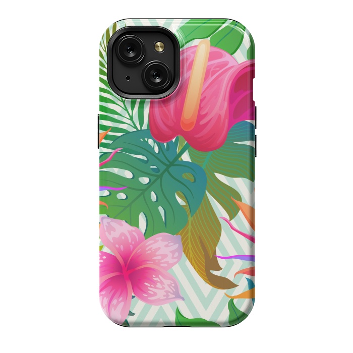 iPhone 15 StrongFit Exotic Flowers and Leaves in Geometric Decoration by ArtsCase
