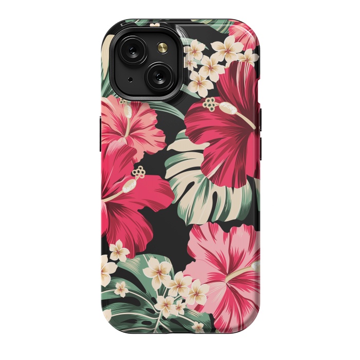 iPhone 15 StrongFit Exotic Tropical Hawaiian Hibiscus Flowers and Palms by ArtsCase
