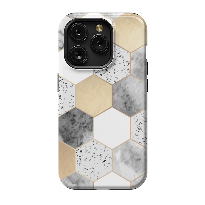 iPhone 15 Pro StrongFit Grey Marble and Watercolour Polygons by ArtsCase