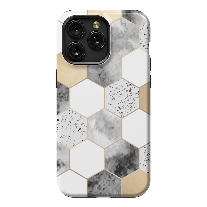 iPhone 15 Pro Max StrongFit Grey Marble and Watercolour Polygons by ArtsCase