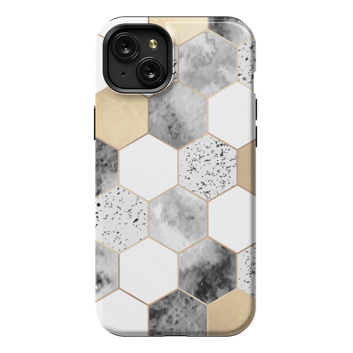 iPhone 15 Plus StrongFit Grey Marble and Watercolour Polygons by ArtsCase
