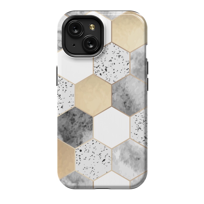 iPhone 15 StrongFit Grey Marble and Watercolour Polygons by ArtsCase