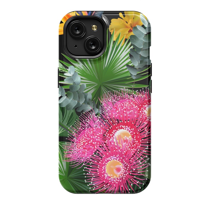 iPhone 15 StrongFit Tropical Flowers and Leaves, Seamless Pattern by ArtsCase