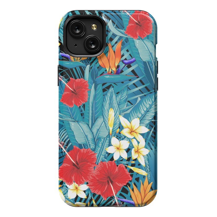 iPhone 15 Plus StrongFit Tropical Flowers Hibiscus Frangipani Heliconias by ArtsCase