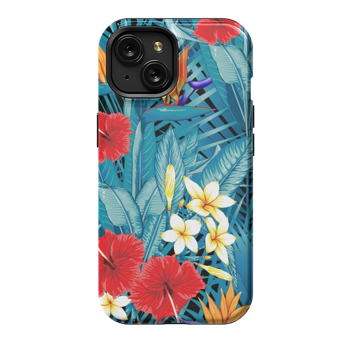 iPhone 15 StrongFit Tropical Flowers Hibiscus Frangipani Heliconias by ArtsCase