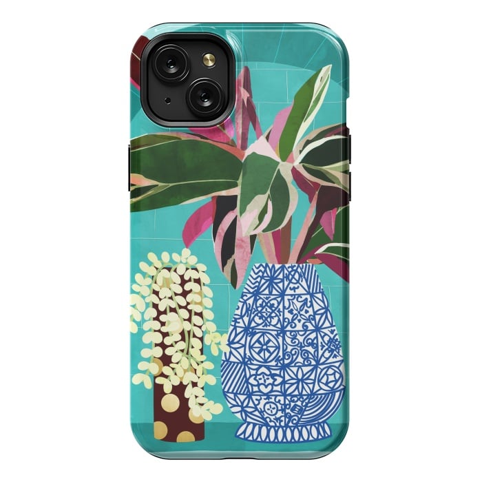 iPhone 15 Plus StrongFit Moroccan Shelfie | Tropical Teal Plants Botanical | Exotic Modern Bohemian Eclectic Décor  by Uma Prabhakar Gokhale