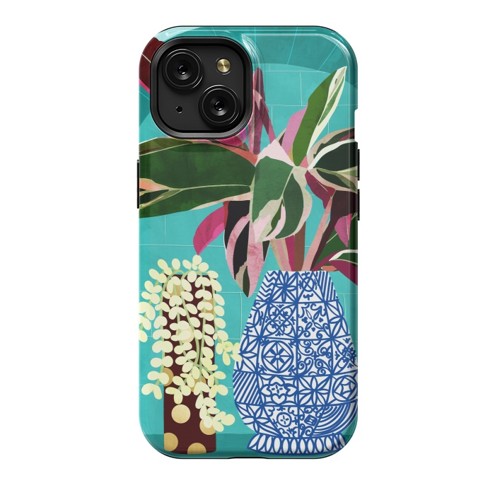 iPhone 15 StrongFit Moroccan Shelfie | Tropical Teal Plants Botanical | Exotic Modern Bohemian Eclectic Décor  by Uma Prabhakar Gokhale