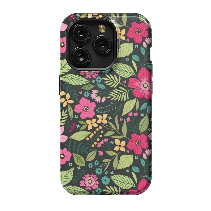 iPhone 15 Pro StrongFit Pretty Flowers on Dark Green Background by ArtsCase