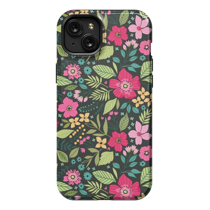 iPhone 15 Plus StrongFit Pretty Flowers on Dark Green Background by ArtsCase