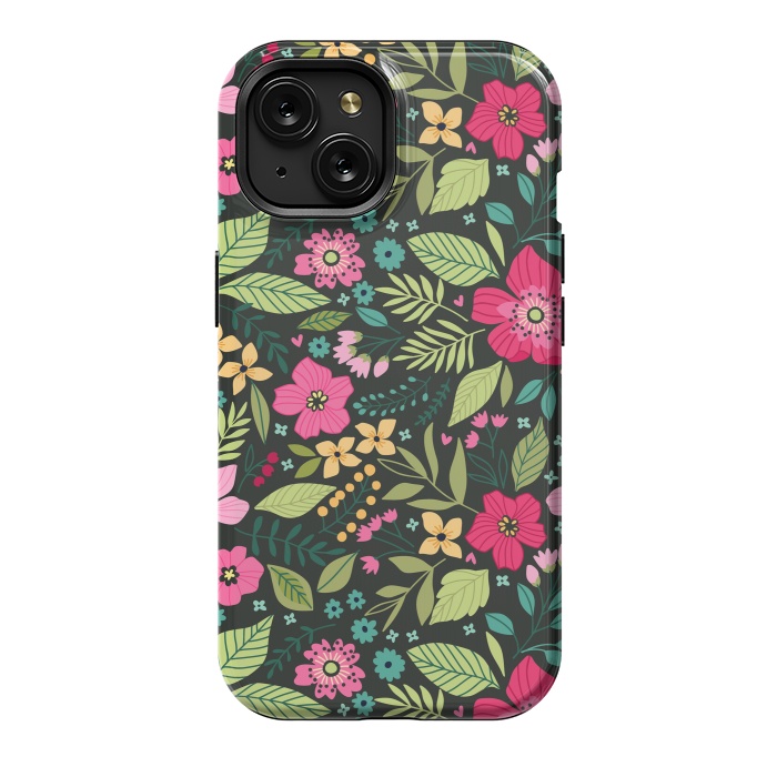 iPhone 15 StrongFit Pretty Flowers on Dark Green Background by ArtsCase