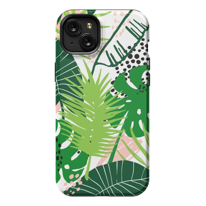 iPhone 15 Plus StrongFit Seamless Exotic Pattern with Green Tropical Leaves by ArtsCase