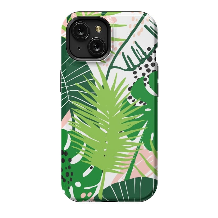 iPhone 15 StrongFit Seamless Exotic Pattern with Green Tropical Leaves by ArtsCase