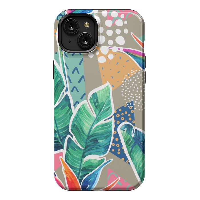 iPhone 15 Plus StrongFit Tropical Flowers Watercolors with Geometric Outline by ArtsCase