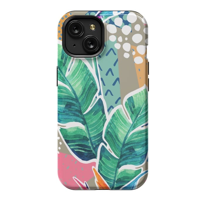 iPhone 15 StrongFit Tropical Flowers Watercolors with Geometric Outline by ArtsCase