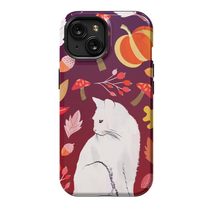 iPhone 15 StrongFit White cat and autumn nature pattern by Oana 
