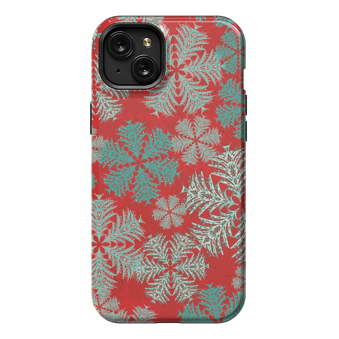 iPhone 15 Plus StrongFit Xmas Snowflakes Red Aqua by Lotti Brown