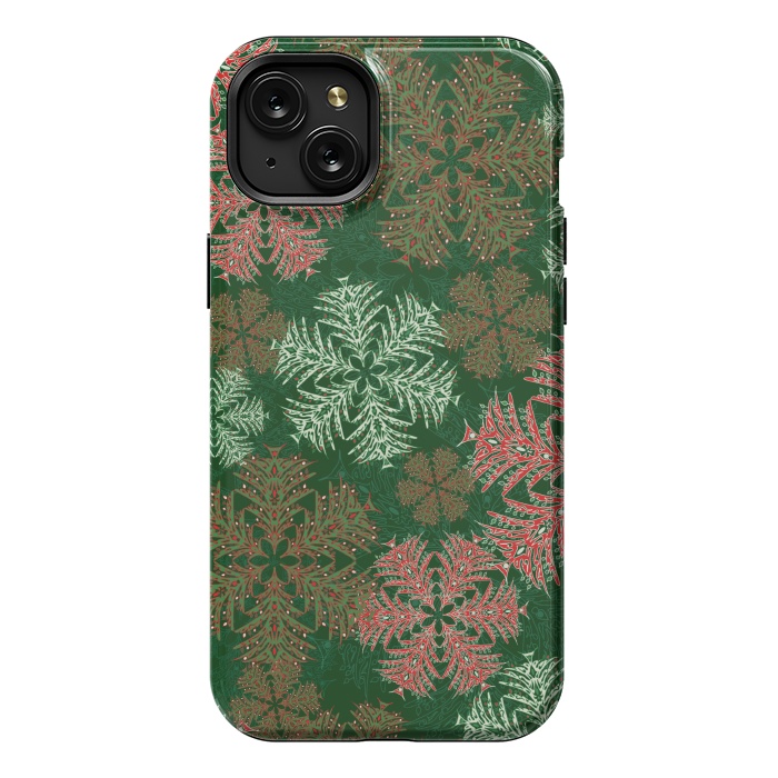 iPhone 15 Plus StrongFit Xmas Snowflakes Red & Green by Lotti Brown