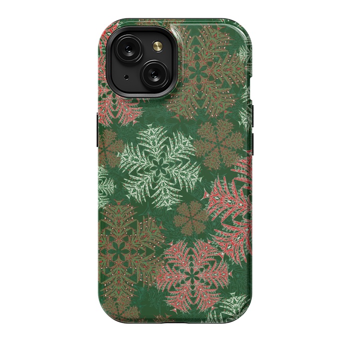 iPhone 15 StrongFit Xmas Snowflakes Red & Green by Lotti Brown
