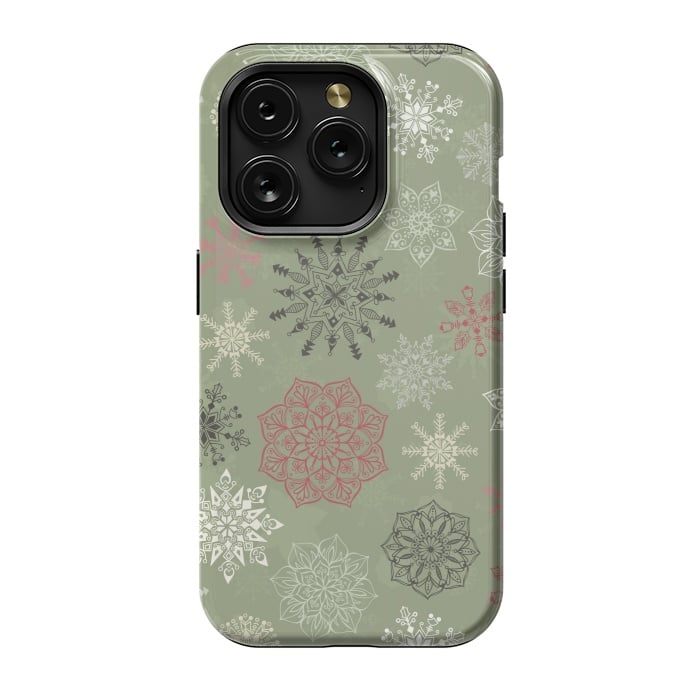 iPhone 15 Pro StrongFit Christmas Snowflakes on Dark Green by Paula Ohreen