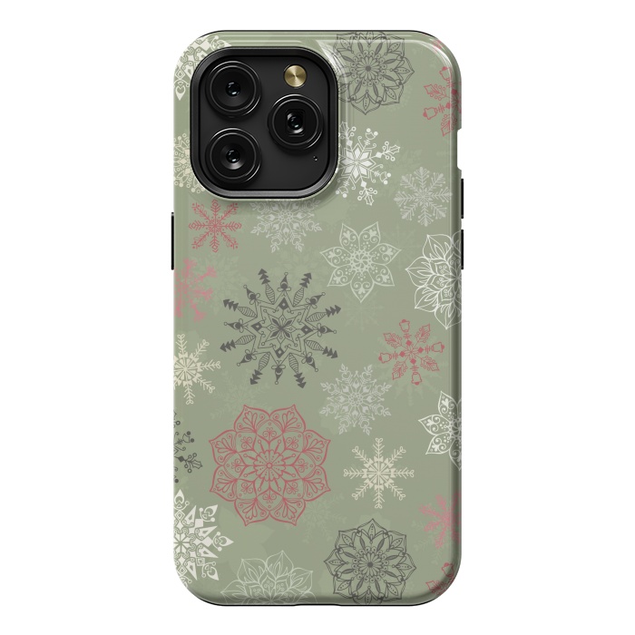 iPhone 15 Pro Max StrongFit Christmas Snowflakes on Dark Green by Paula Ohreen