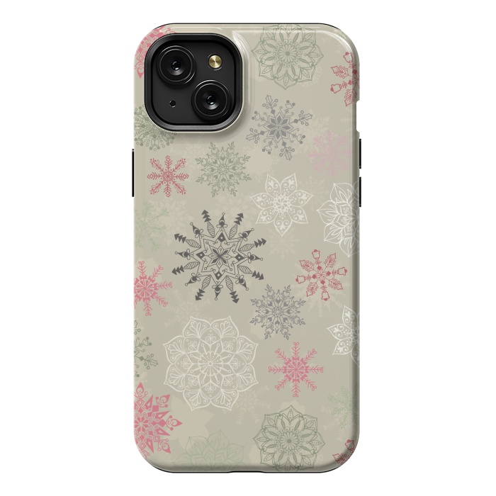 iPhone 15 Plus StrongFit Christmas Snowflakes on Light Green by Paula Ohreen