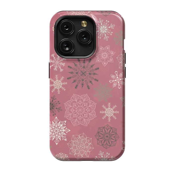 iPhone 15 Pro StrongFit Christmas Snowflakes on Pink by Paula Ohreen