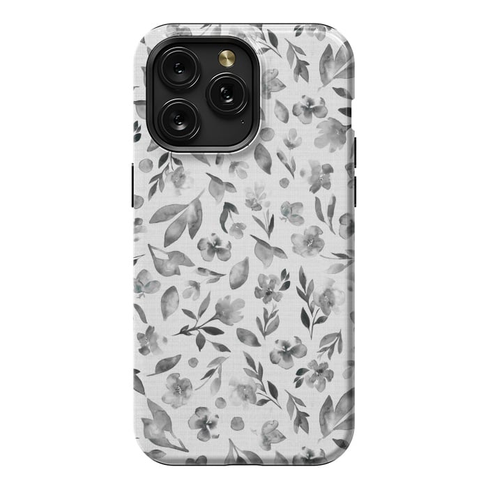 iPhone 15 Pro Max StrongFit Watercolor Textured Floral Toss - Black and White by Paula Ohreen