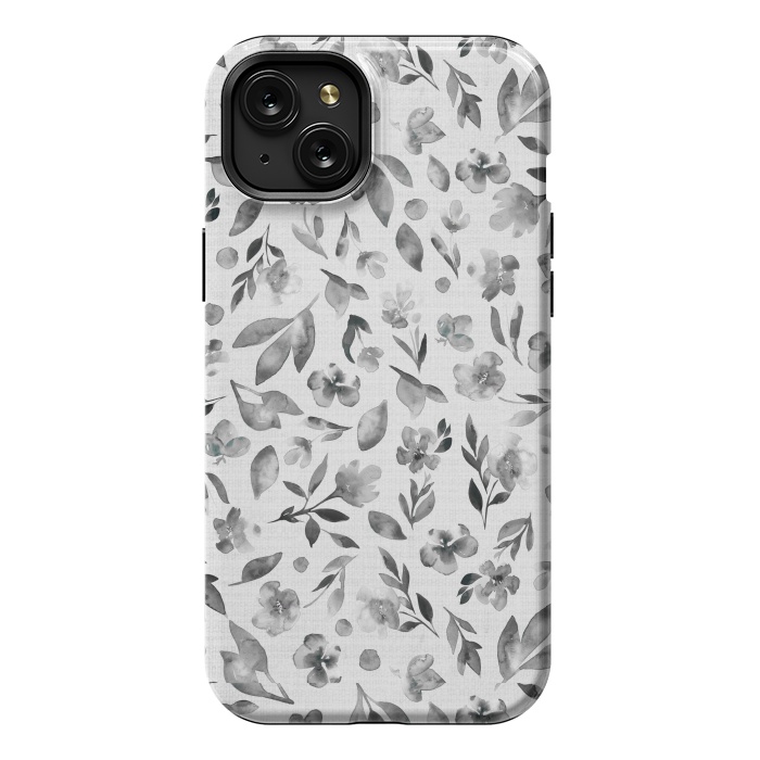 iPhone 15 Plus StrongFit Watercolor Textured Floral Toss - Black and White by Paula Ohreen