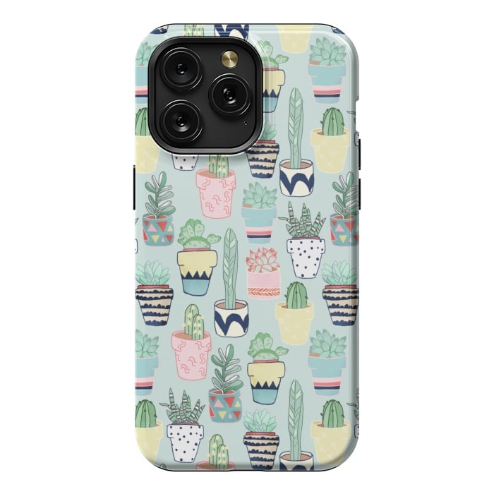 iPhone 15 Pro Max StrongFit Cute Cacti In Pots on Mint Green by Tangerine-Tane