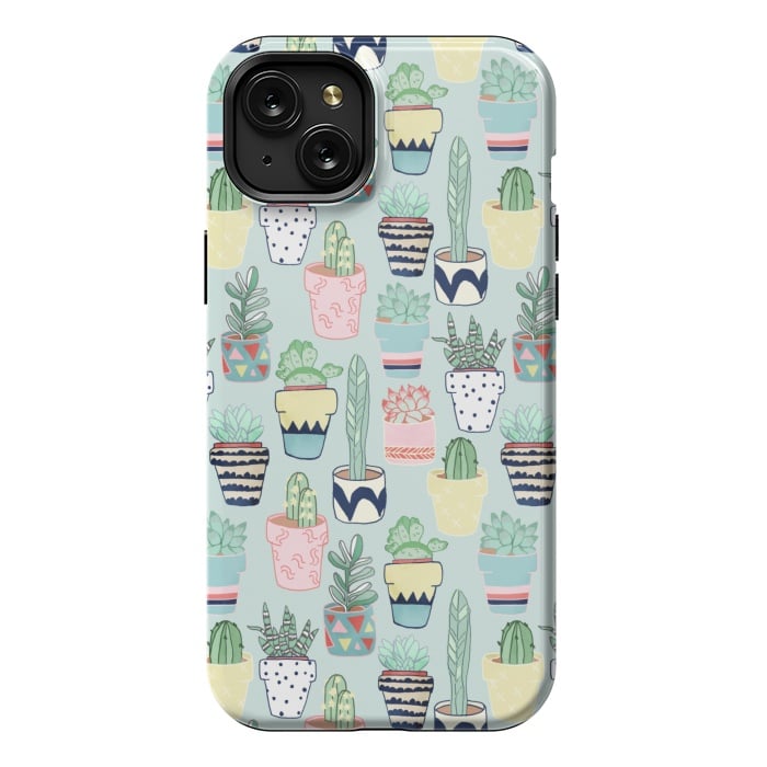 iPhone 15 Plus StrongFit Cute Cacti In Pots on Mint Green by Tangerine-Tane