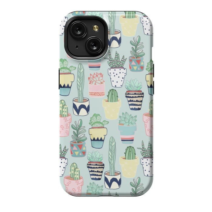 iPhone 15 StrongFit Cute Cacti In Pots on Mint Green by Tangerine-Tane