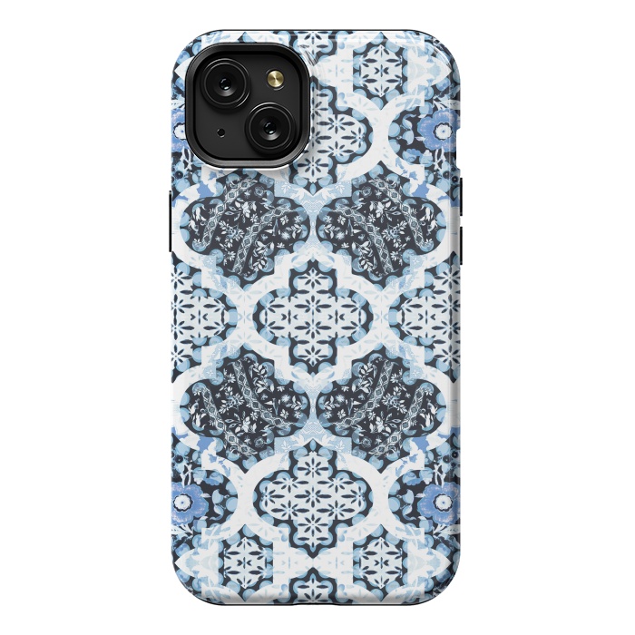 iPhone 15 Plus StrongFit Blue white Moroccan decorative mosaic by Oana 