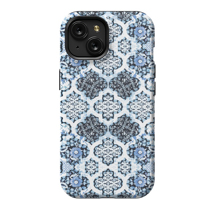 iPhone 15 StrongFit Blue white Moroccan decorative mosaic by Oana 