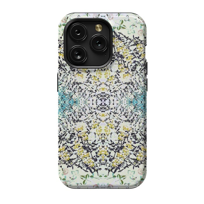 iPhone 15 Pro StrongFit Yellow blue ditsy flowers and leaves pattern by Oana 