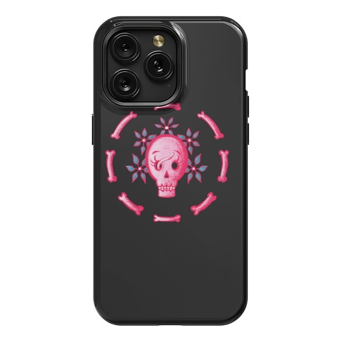 iPhone 15 Pro Max StrongFit Funny Skull In Pink With Flowers And Bones by Boriana Giormova