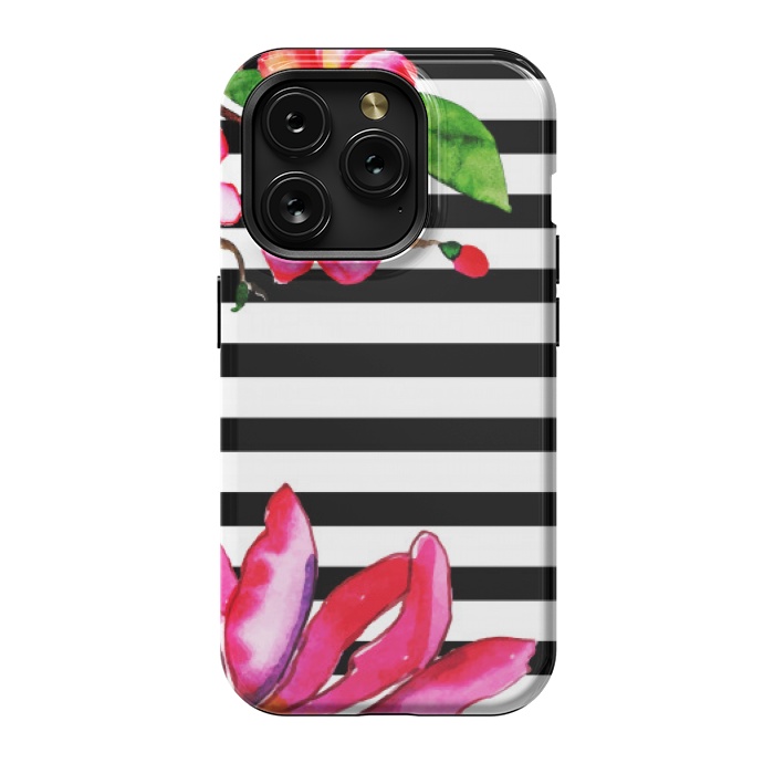 iPhone 15 Pro StrongFit black white stripes floral pink pattern by MALLIKA
