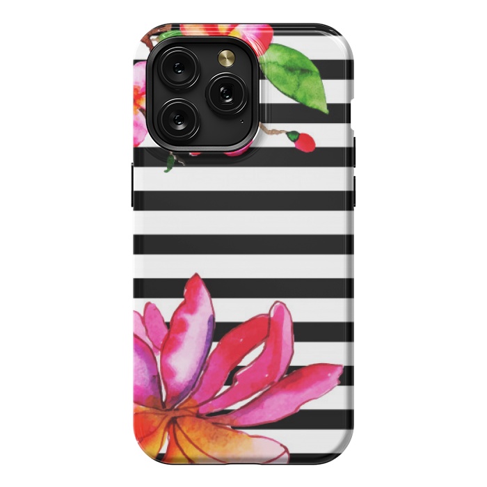 iPhone 15 Pro Max StrongFit black white stripes floral pink pattern by MALLIKA