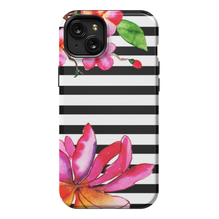 iPhone 15 Plus StrongFit black white stripes floral pink pattern by MALLIKA