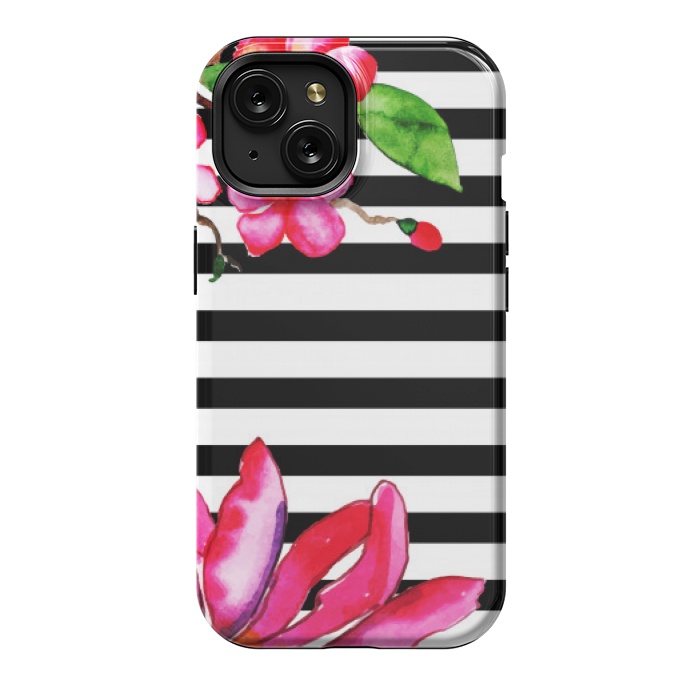 iPhone 15 StrongFit black white stripes floral pink pattern by MALLIKA