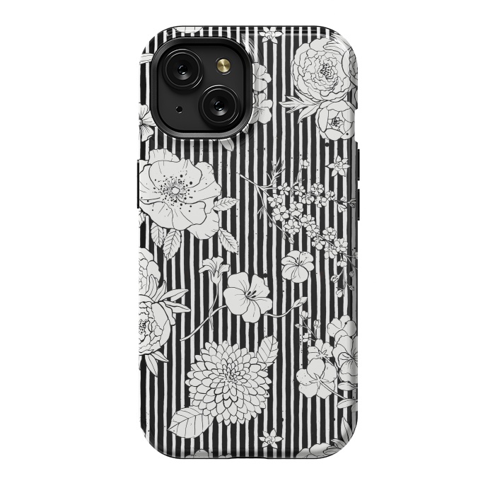 iPhone 15 StrongFit Flowers and Stripes Black and White by Ninola Design