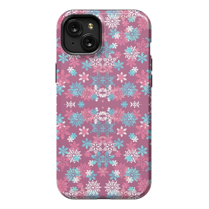 iPhone 15 Plus StrongFit Playful pink blue snowflakes winter pattern by Oana 