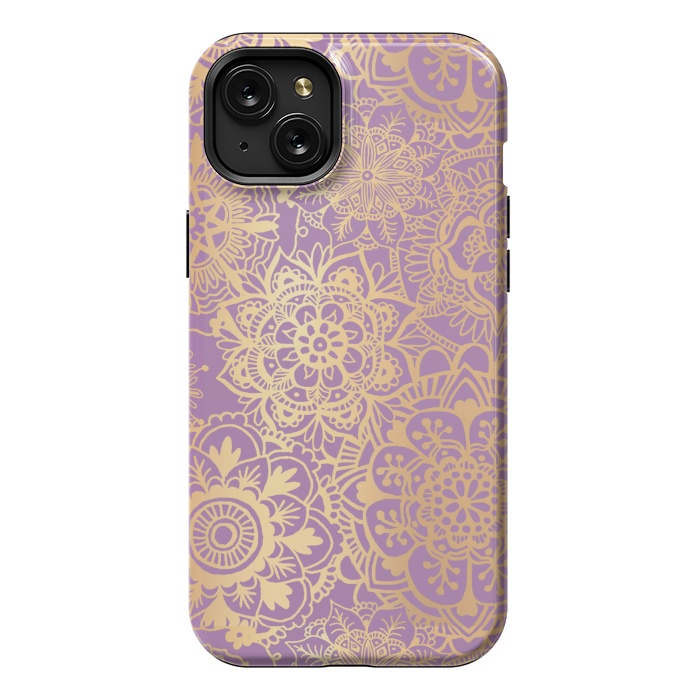 iPhone 15 Plus StrongFit Light Purple and Gold Mandala Pattern by Julie Erin Designs