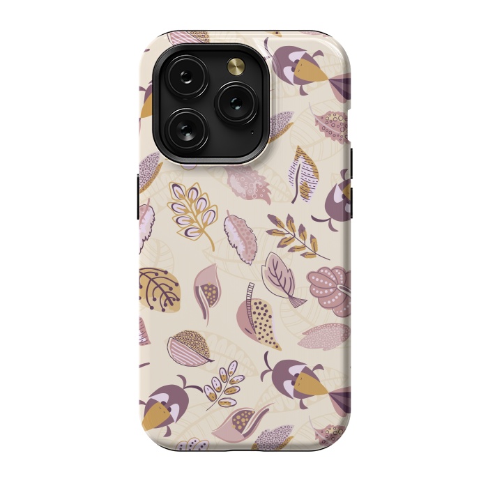 iPhone 15 Pro StrongFit Cute parrots in a fun tossed pattern with funky leaves in purple and mustard by Paula Ohreen